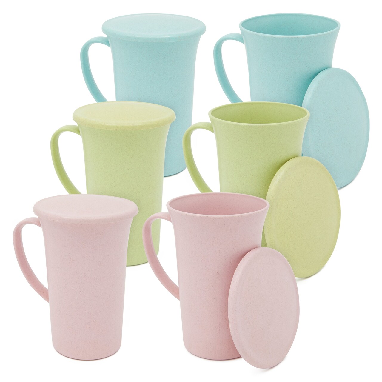 Wheat Straw Mugs with Handle, Set of 6 Unbreakable Coffee Cups with Lids (3 Colors, 15 oz)
